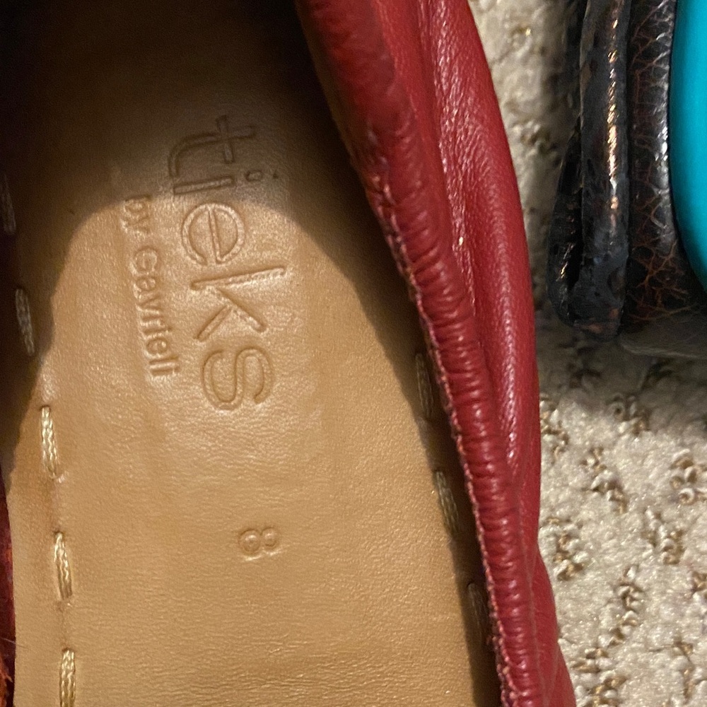 Tieks Red Leather Flats with Turquoise Accent - Picture 3 of 7